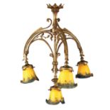 A gilt-bronze four branch Liberty style hanging lamp  60x50 cm. with yellow and green glass