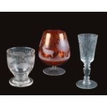 A lot of three Bohemian crystal glasses period Biedermeier  transparent and colored crystal, with