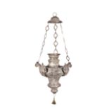 A great Italian silvered metal lantern late 18th century h. 120 cm. silvered metal decorated with