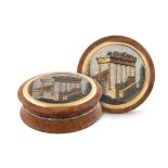 A French thuja wood and micromosaic box 19th century 1,5x4,8 cm. circular-shaped and representing