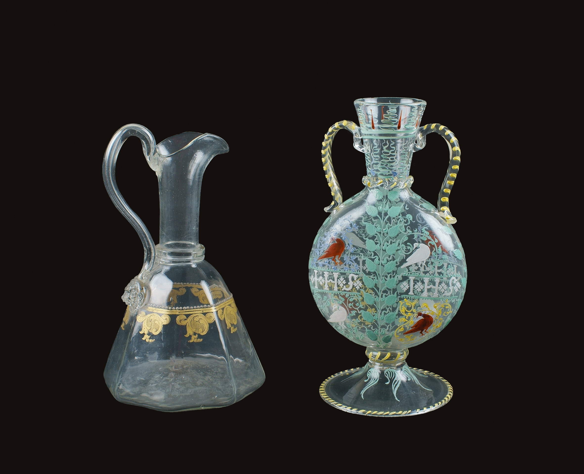 A lot of two Murano bottles late 19th century  gold applications and polychromatic decorations,