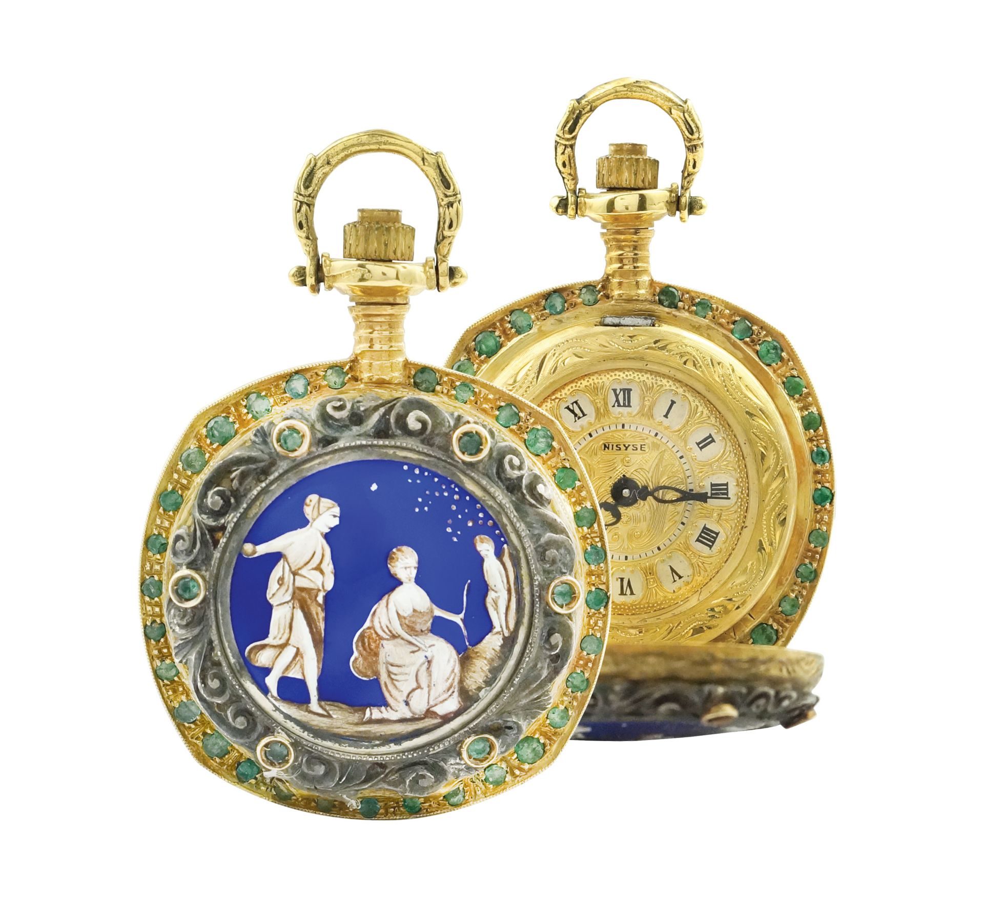 A Nisyse gold, silver and enamel pocket watch