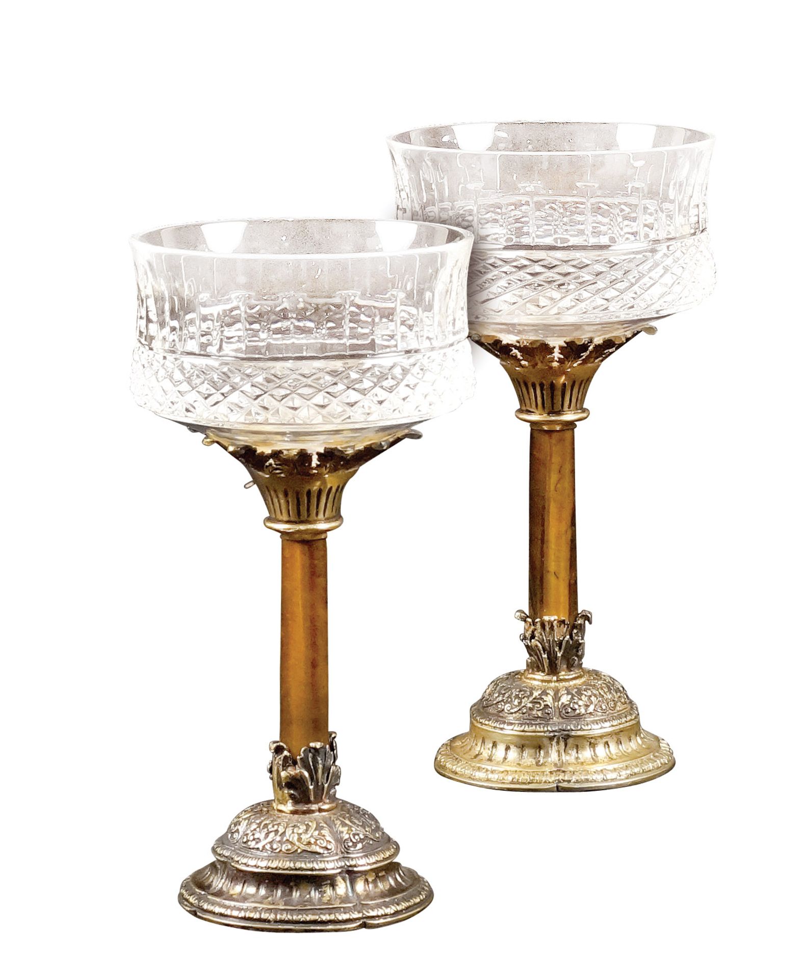 A pair of Italian silver and tiger's eye chalices