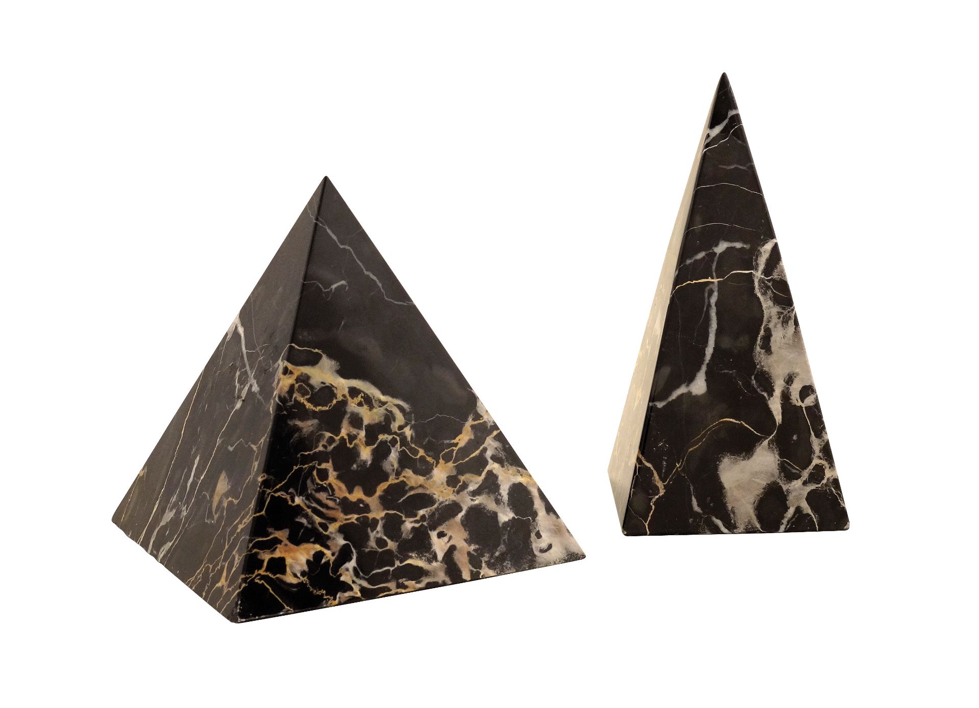 A pair of black Portoro marble pyramids