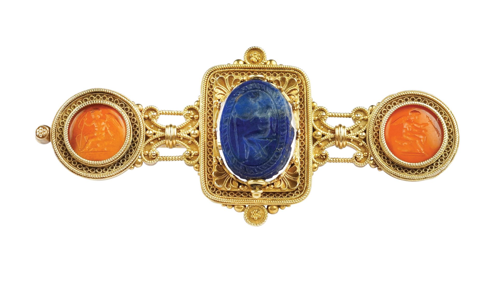 An Italian silver, gold, lapis lazuli and carnelian brooch