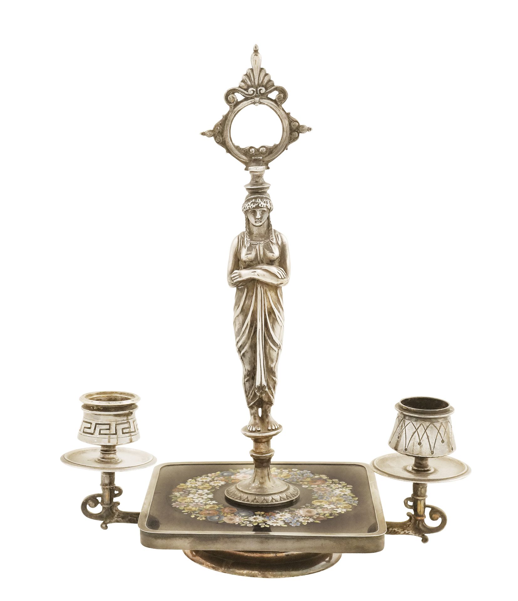 An Italian micromosaic and silvered metal two-branch candelabra