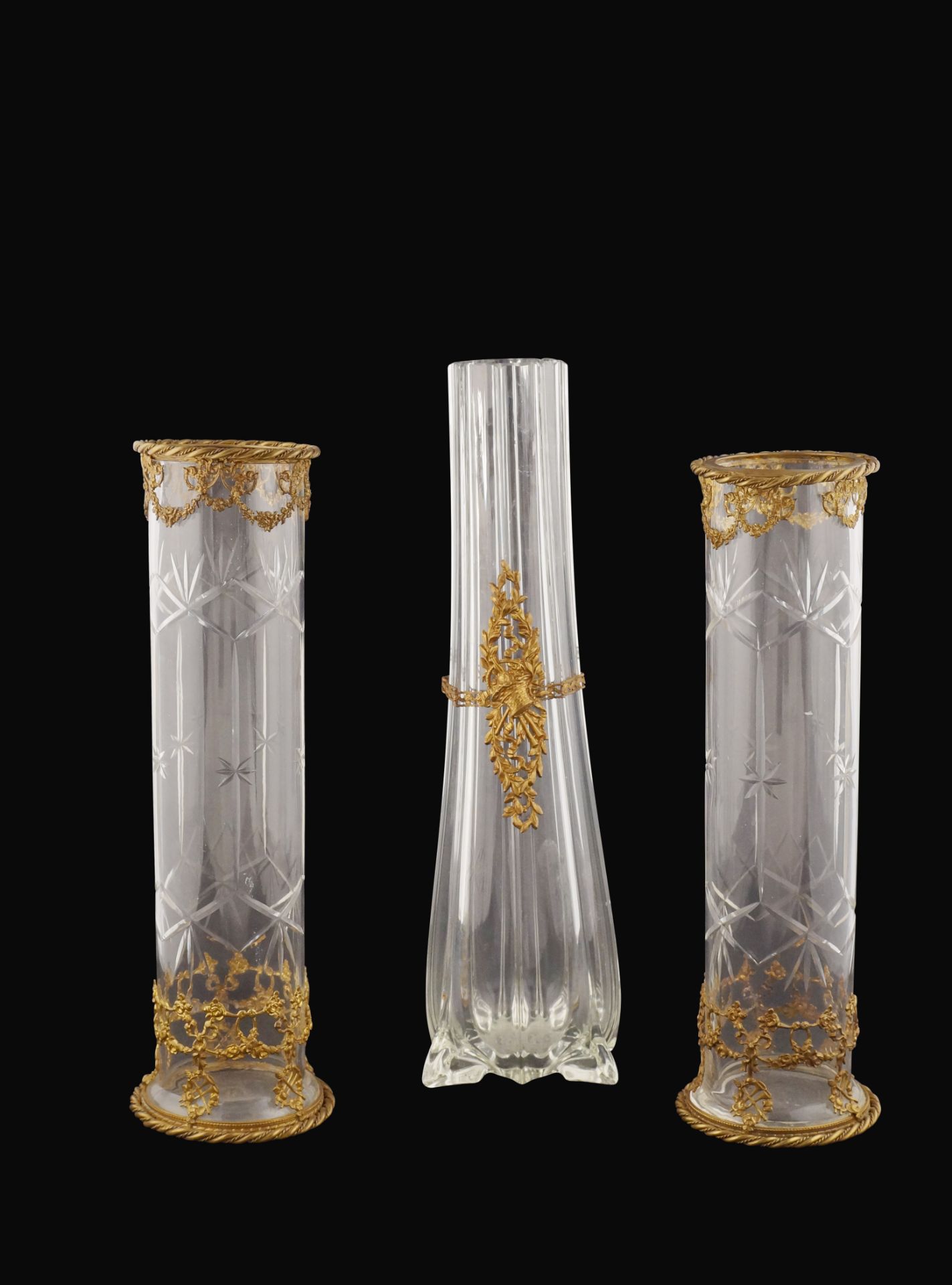 A lot of three glass vases with gilt-bronze applications