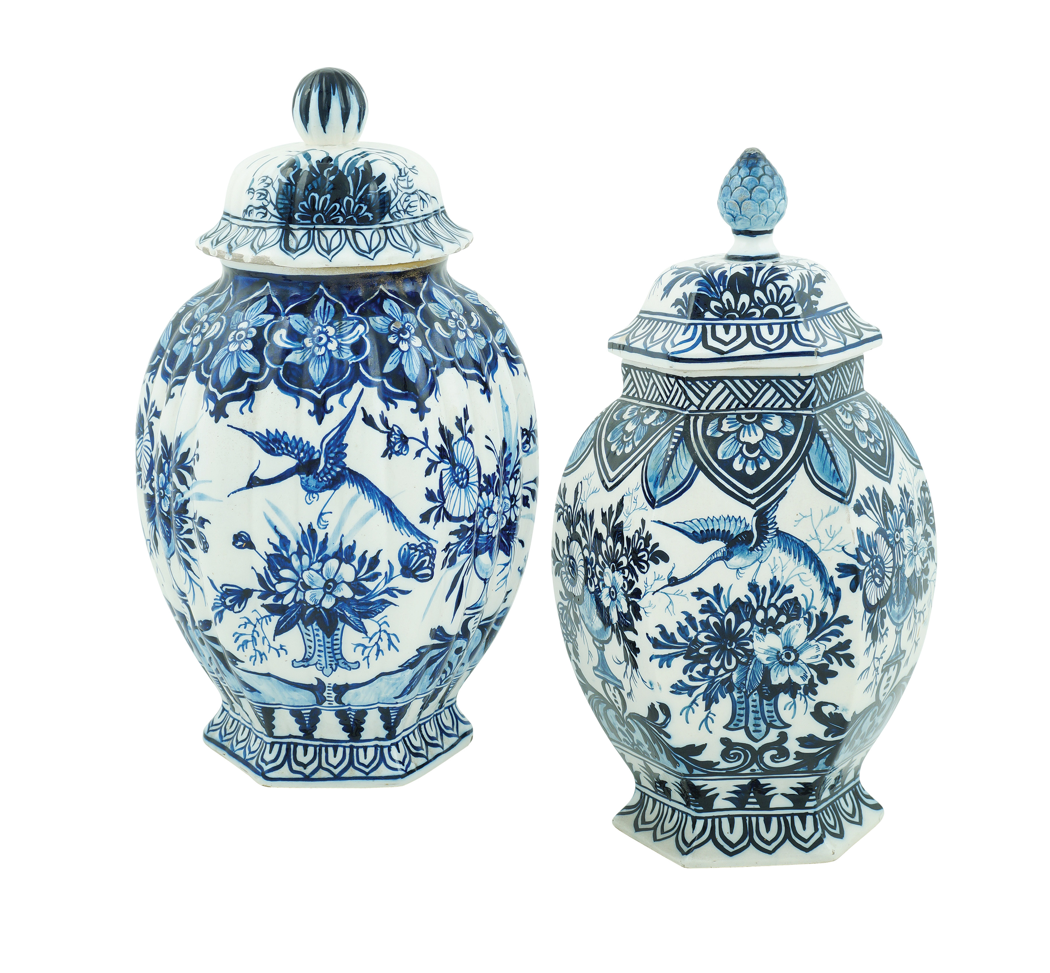 A pair of majolica potiches in the style of Delft, late 19th century h. 38 cm.