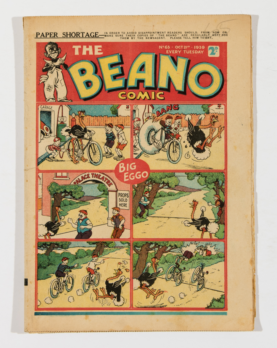 Beano No 65 (1939). Pg. 5 ad for first Beano annual. Centre page top margin piece torn away [vg]