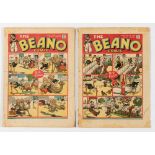 Beano (1939) 58, 59. No 58 cover has worn spine with margin pieces torn away, centre page large