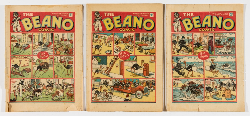 Beano (1939) 52, 53, 54. Ad for Magic Comic No 1 in No 52: Worn spine with lower margin piece torn