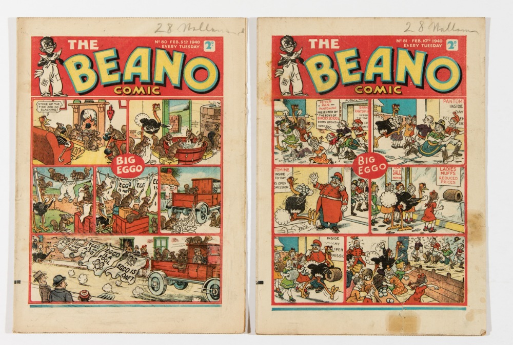 Beano 80, 81 (1940). Propaganda war issues. 80: bright covers, cream pages [fn], 81: torn away cover