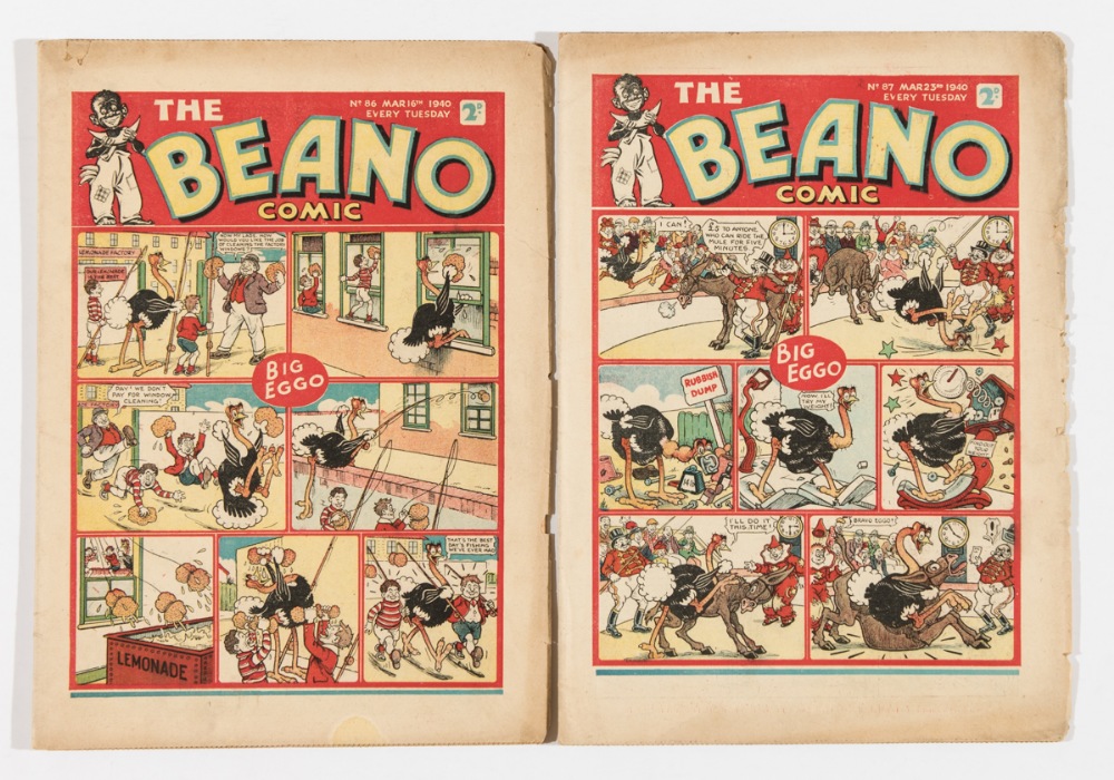 Beano No 86, 87 (1940). Propaganda war issues. Bright cover colours, worn overhang page edges, light