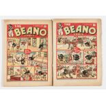 Beano No 86, 87 (1940). Propaganda war issues. Bright cover colours, worn overhang page edges, light