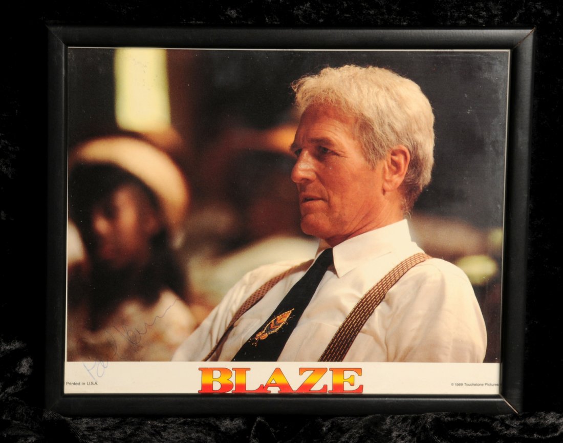 Paul Newman: autographed still from 'Blaze', 1989, signed in blue ball point pen to lower left