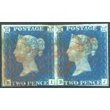 Plate 1 BI/J horizontal pair, clear to good margins, cancelled red MC's. (2)