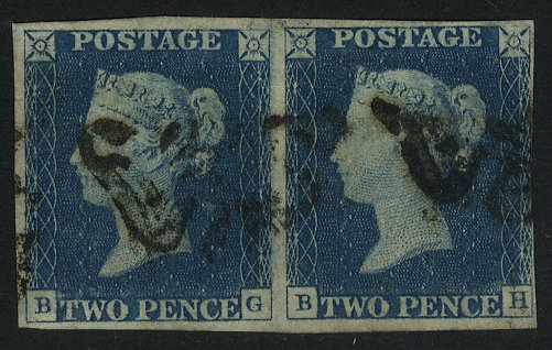 Plate 1 BG/BH horizontal pair with clear to large margins, cancelled by part black MC's. (2)