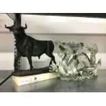 A Chinese carved soapstone model of a Dragon together with a bronze effect model of a Bull on