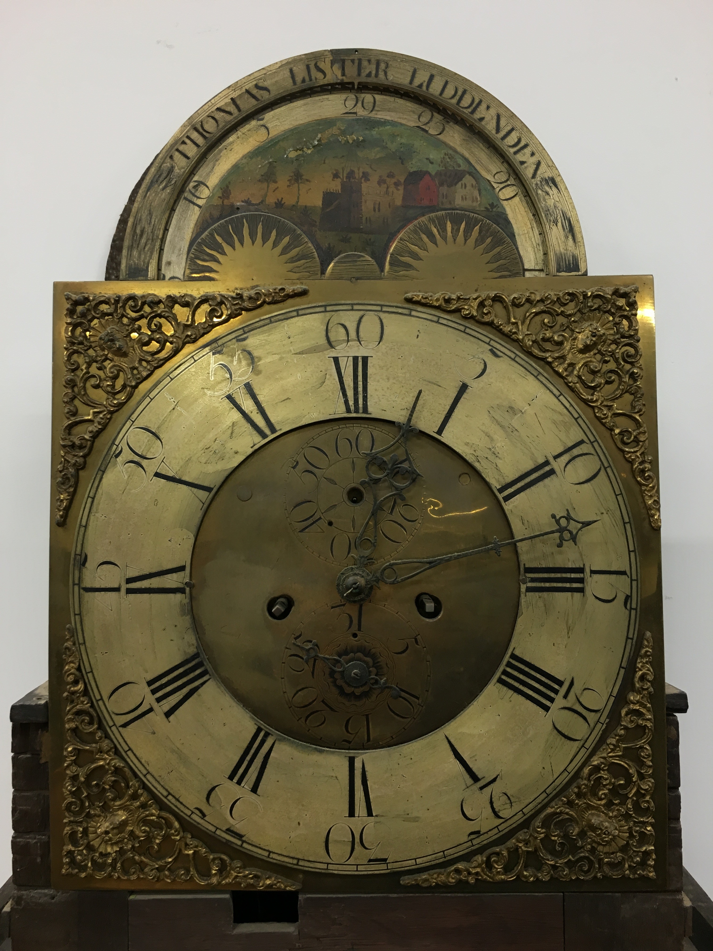 An 18th century flame mahogany cased longcase clock with brass dial and movement and painted moon - Image 6 of 13