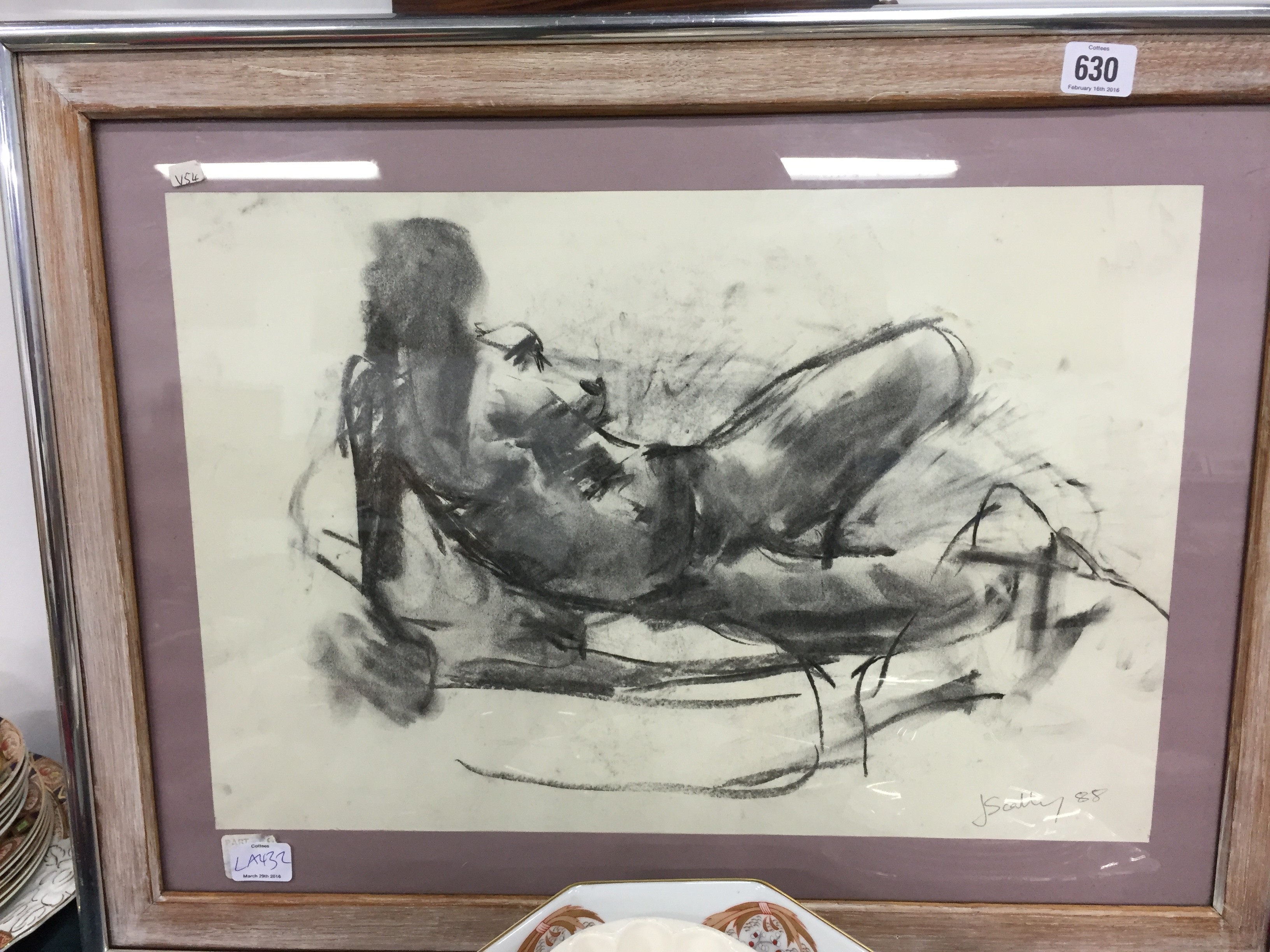 J. Scally: Framed and glazed charcoal sketch; Nude.