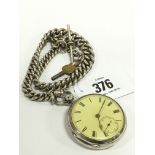 A late 19th century silver cased pocket watch with secondary dial on heavy silver kerb chain