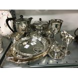 A four piece Art Deco silver plated teaset together with other plated items.