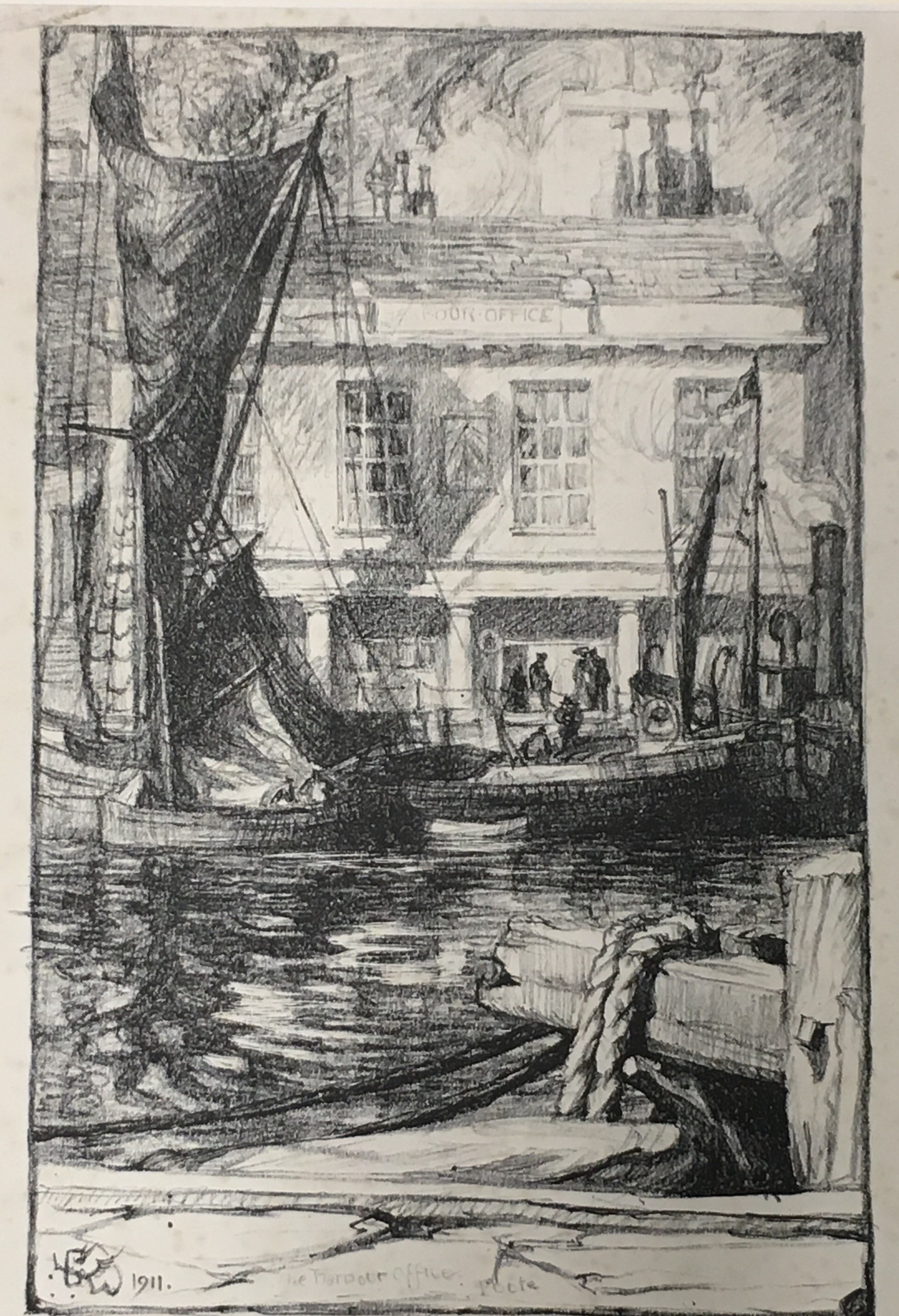 Leslie Moffatt Ward (1888-1978): Mounted etching: The Harbour office, Poole (22.5 x 31.5 cm).