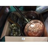 A box of metalware including copper and brass.