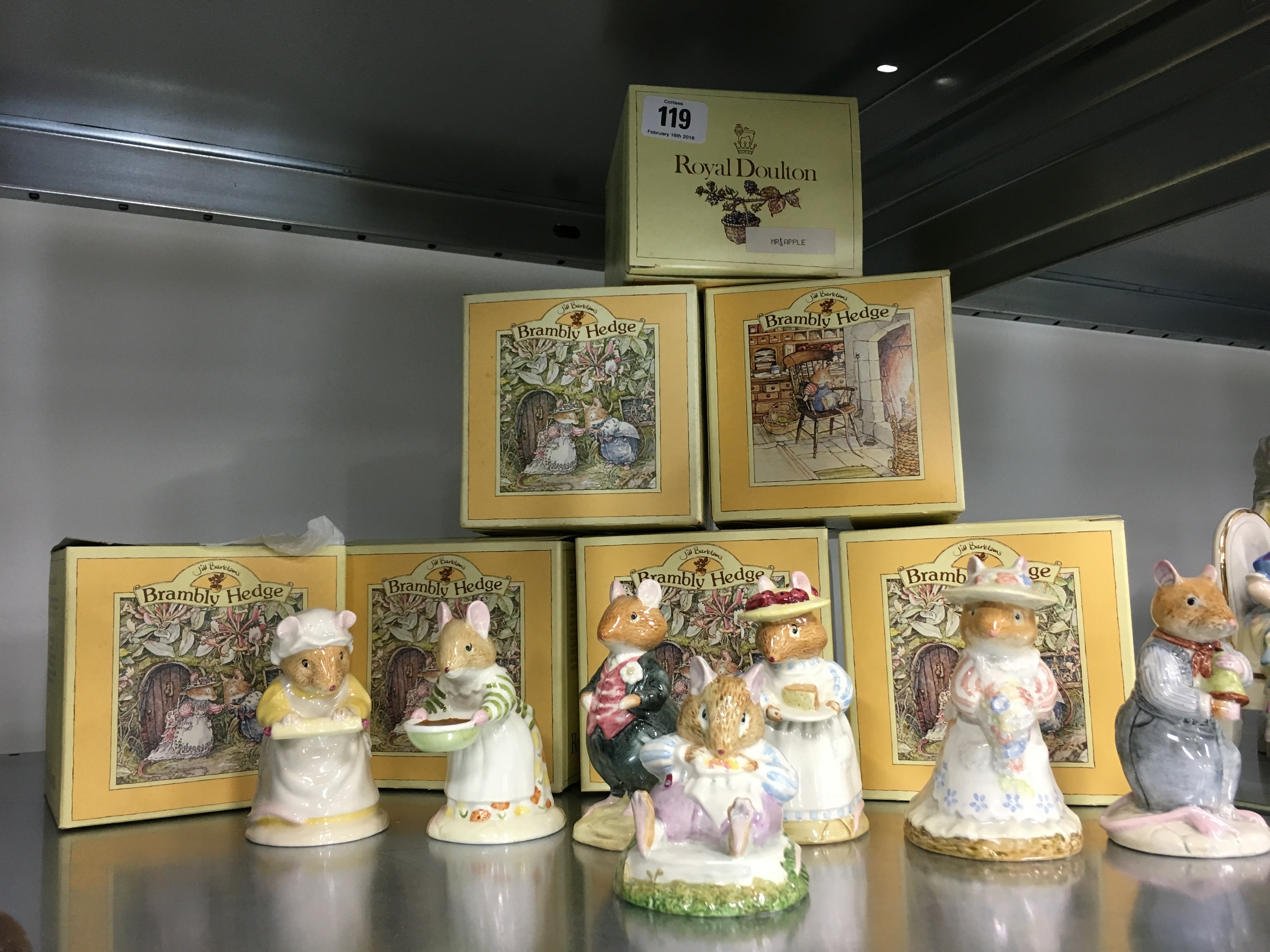 Seven various Royal Doulton Brambly Hedge china figures in original boxes.