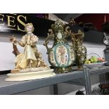 Two large Continental china twin handled vases together with a basket of china fruit and a china