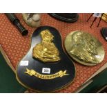 A gilded plaque modelled as the Duke of Wellington together with a brass plaque by Jobsons,