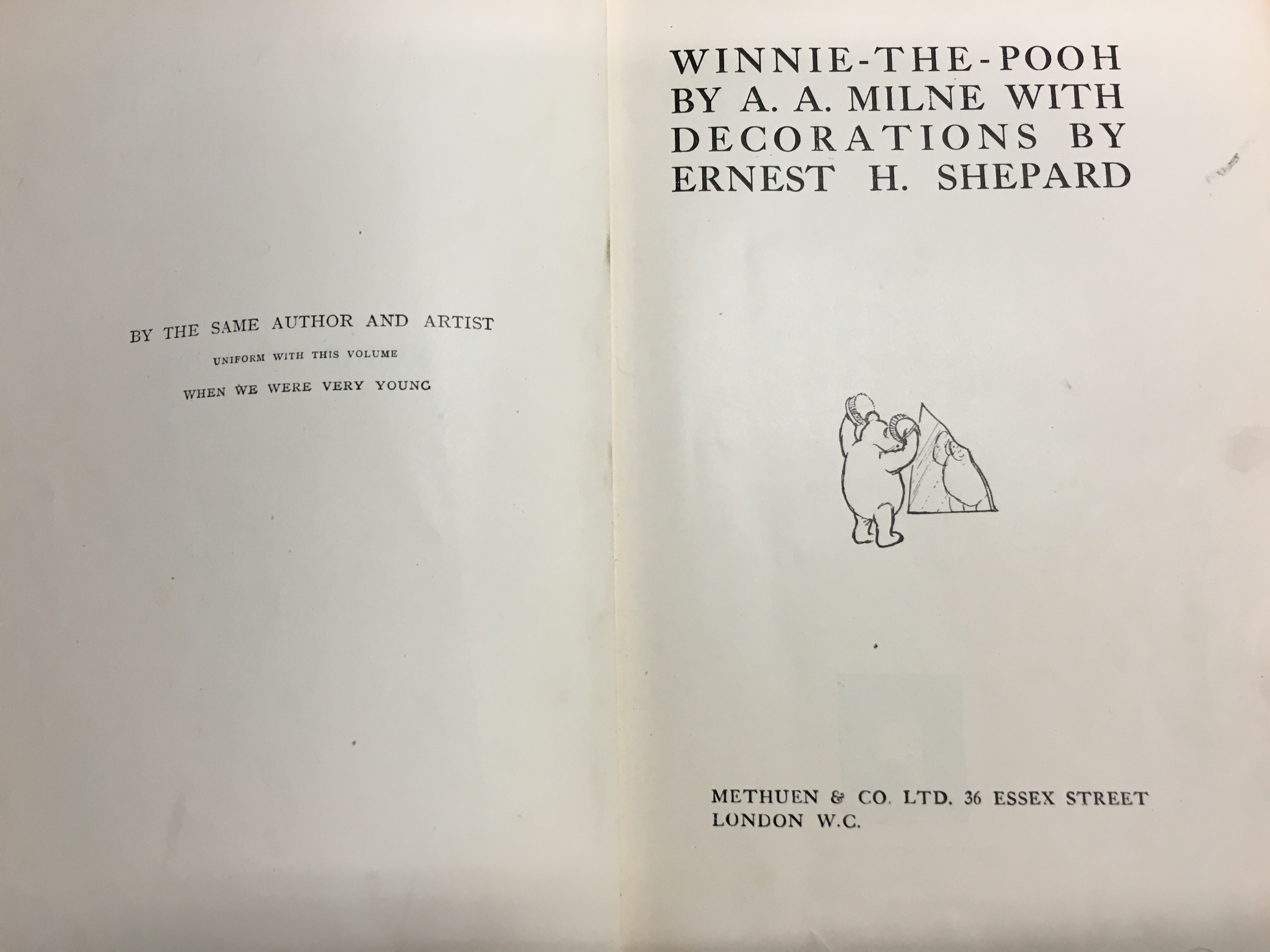 A. A. Milne: Winnie The Pooh; publ. Methuen & Co. 1926 (First), (some staining and loose spine).