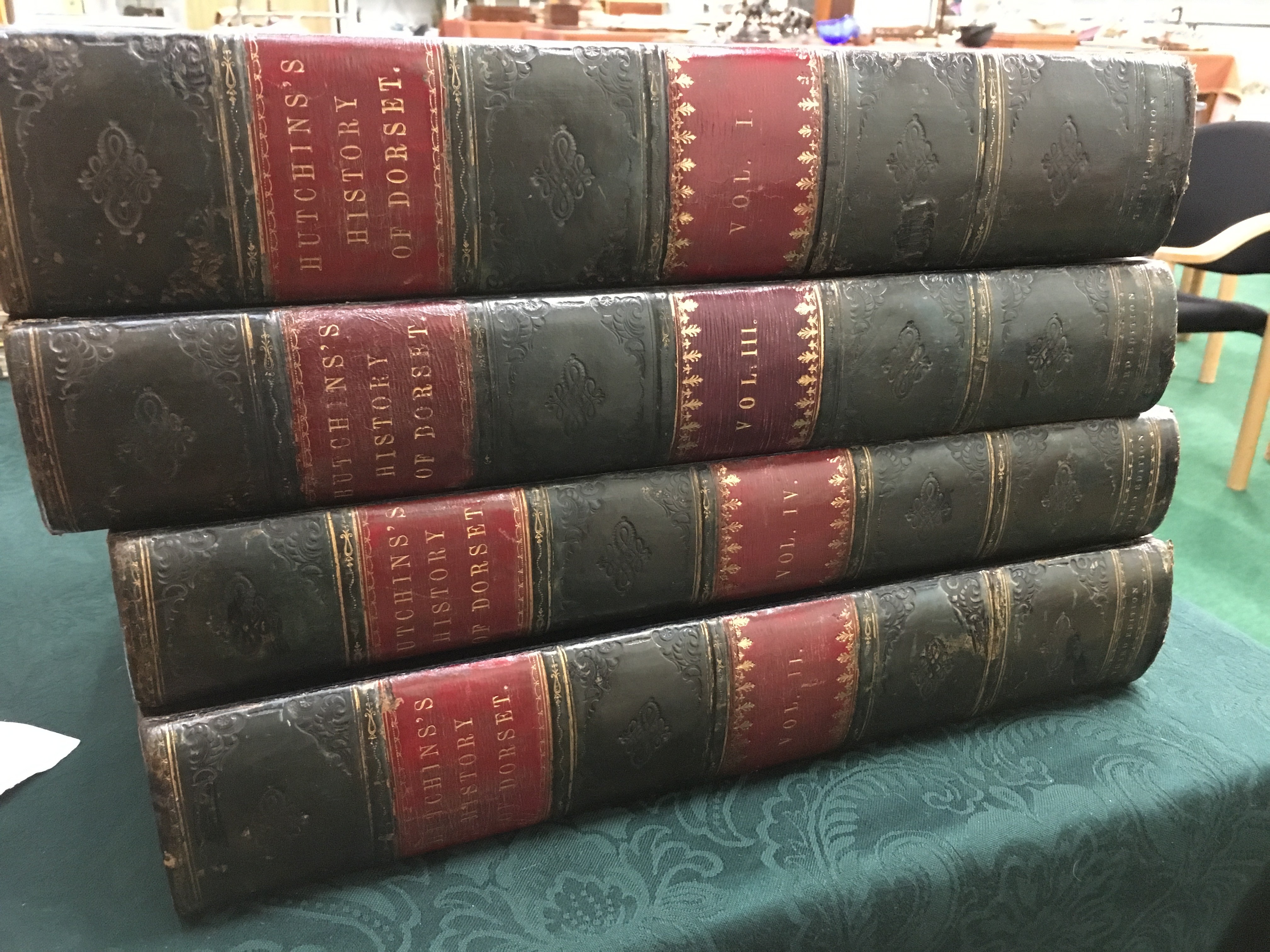 Hutchins History of Dorset: Volumes I - IV in original leather half bindings with marble boards.
