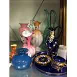 A collection of various glass items including 19th century pink satin glass jug and similar items.