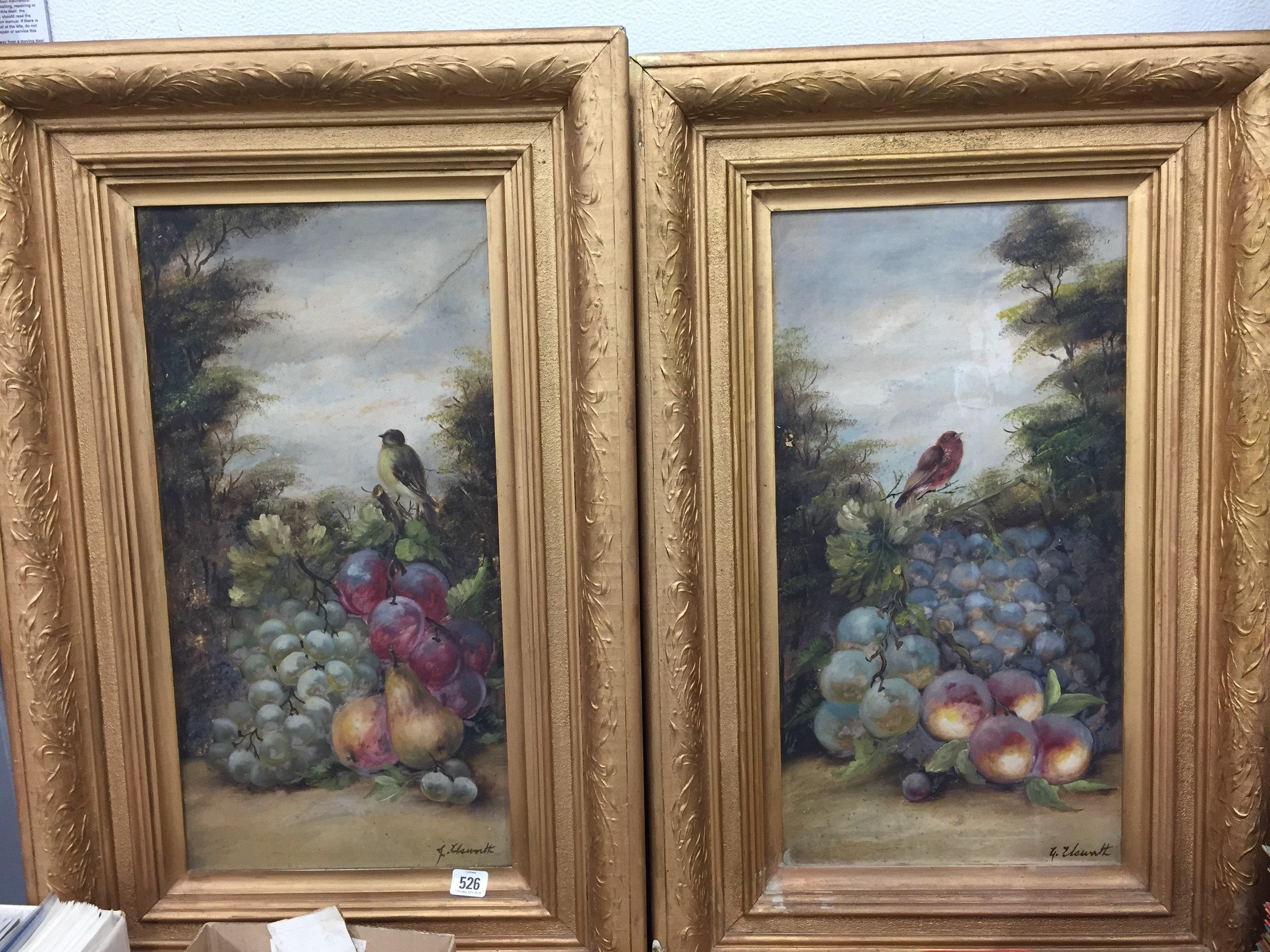 J Elsworth: Gilt framed oils on board; Birds and fruit.