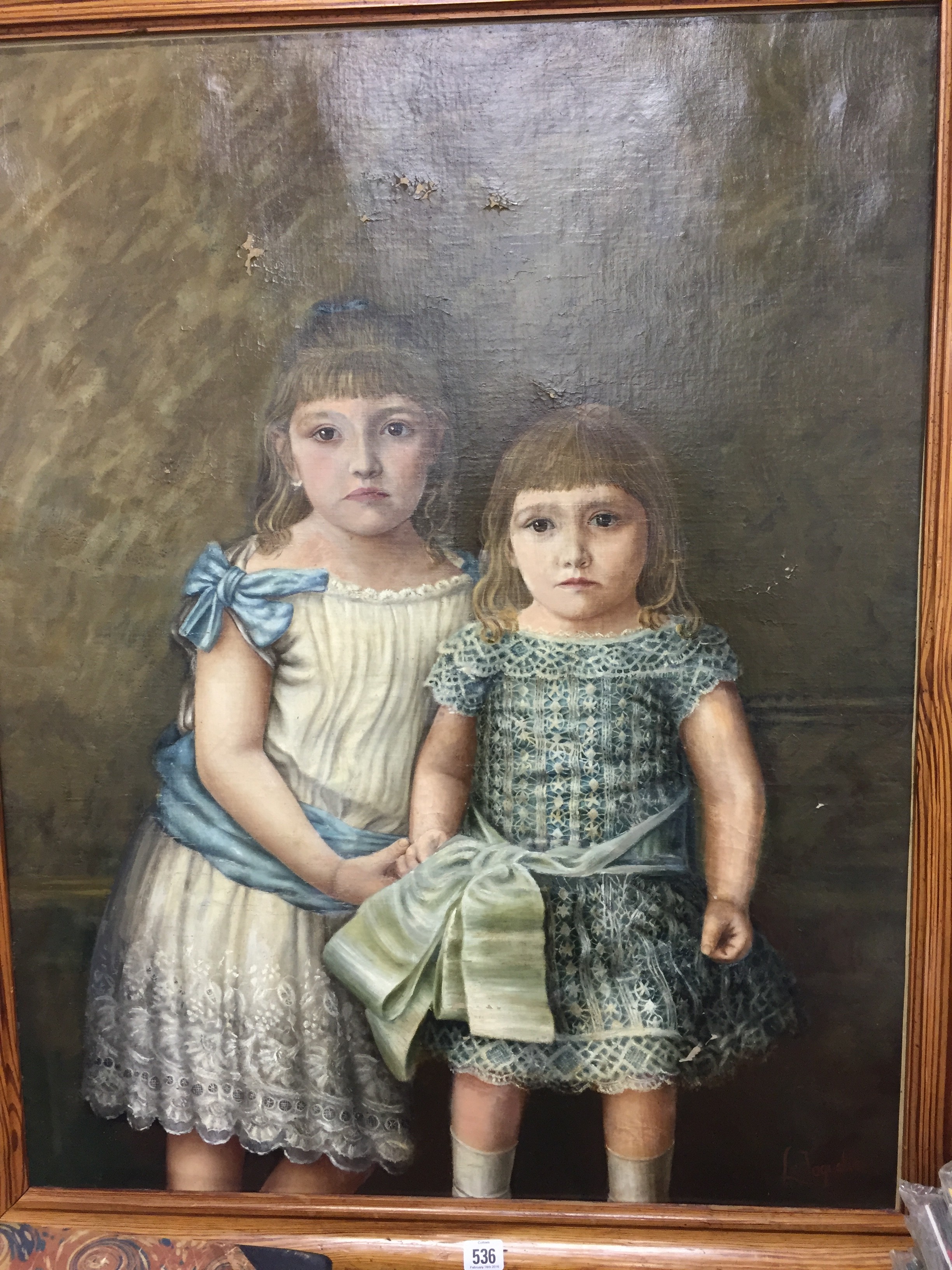 L Jaquelin: A large pine framed 19th century portrait oil on canvas; Two sisters.