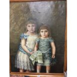 L Jaquelin: A large pine framed 19th century portrait oil on canvas; Two sisters.