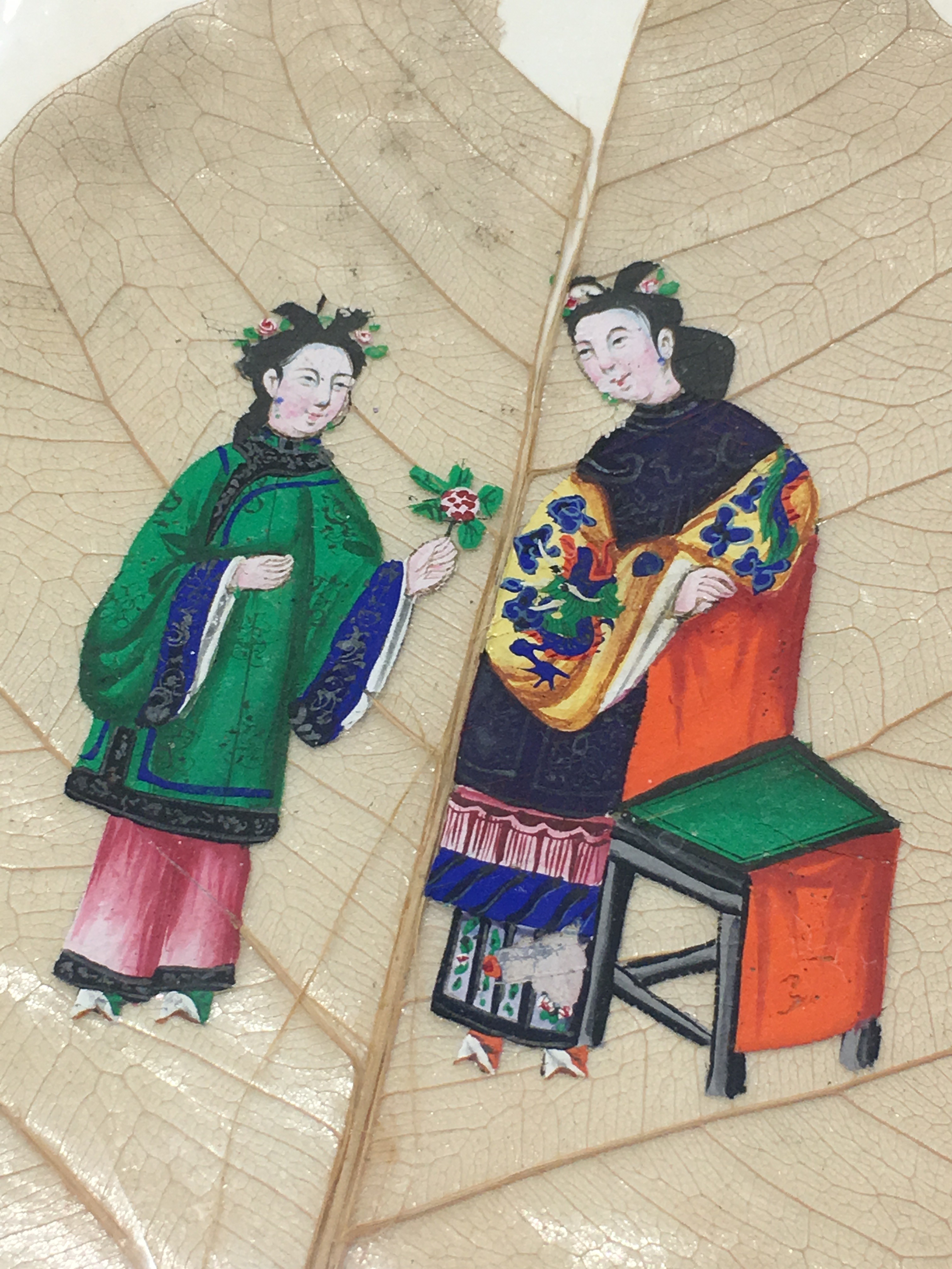 Four various Oriental silk and leaf paintings. - Image 2 of 5