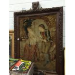A 19th century carved oak framed tapestry: Courting couple.