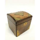 A 19th century brass bound fruitwood square caddy with lidded interior.