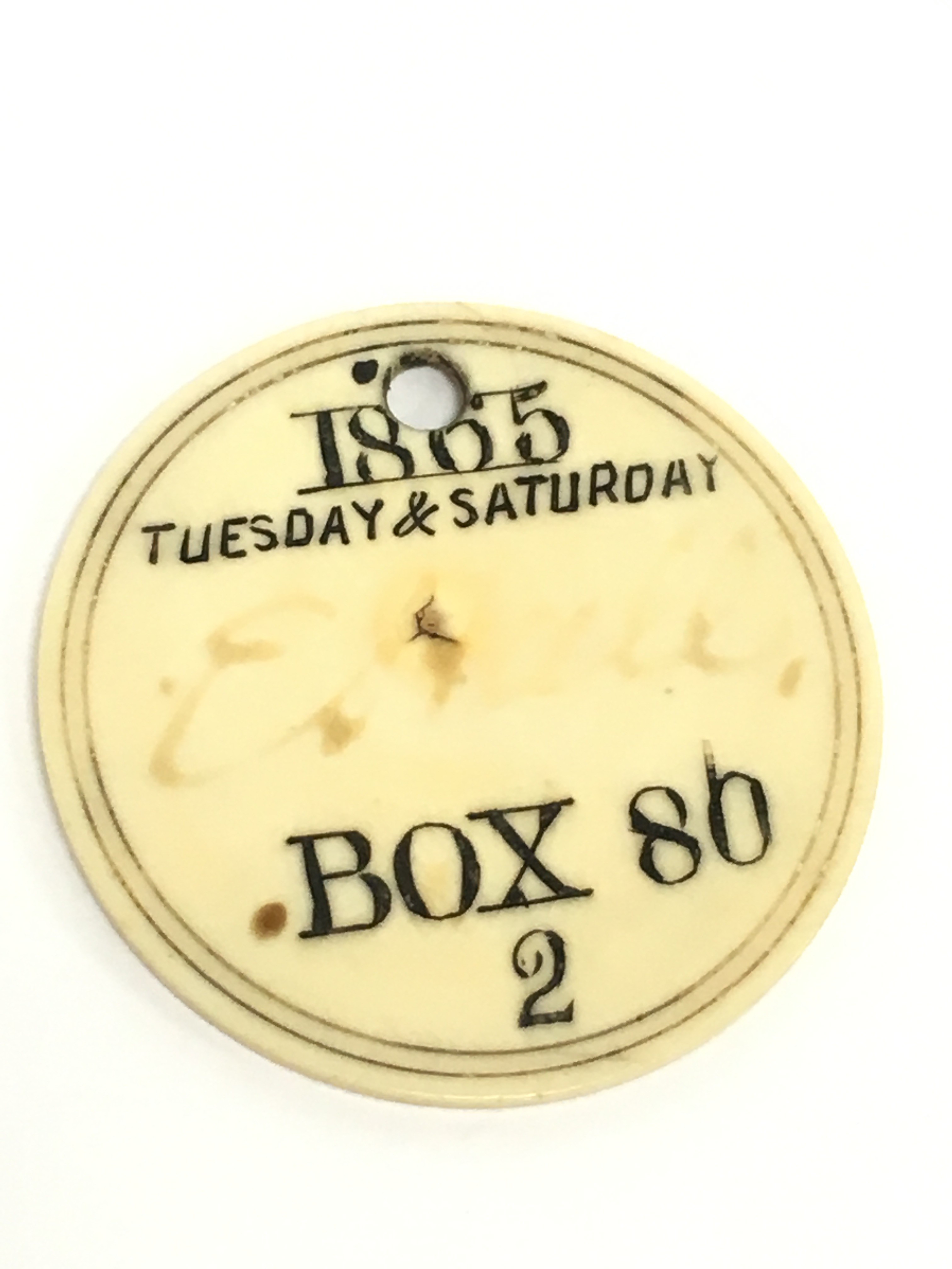 A 19th century ivory Royal Italian opera Covent Garden Members token for Box 80 on a Tuesday and - Image 2 of 2