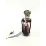 A purple tinted Cameo glass scent bottle with silver lid.