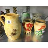 Five various E. Radford signed Art Deco china vases and jug.