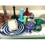 A collection of various glass items including a Venetian glass figure.