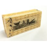 A Scrimshaw bone snuff box decorated with a wailing scene.