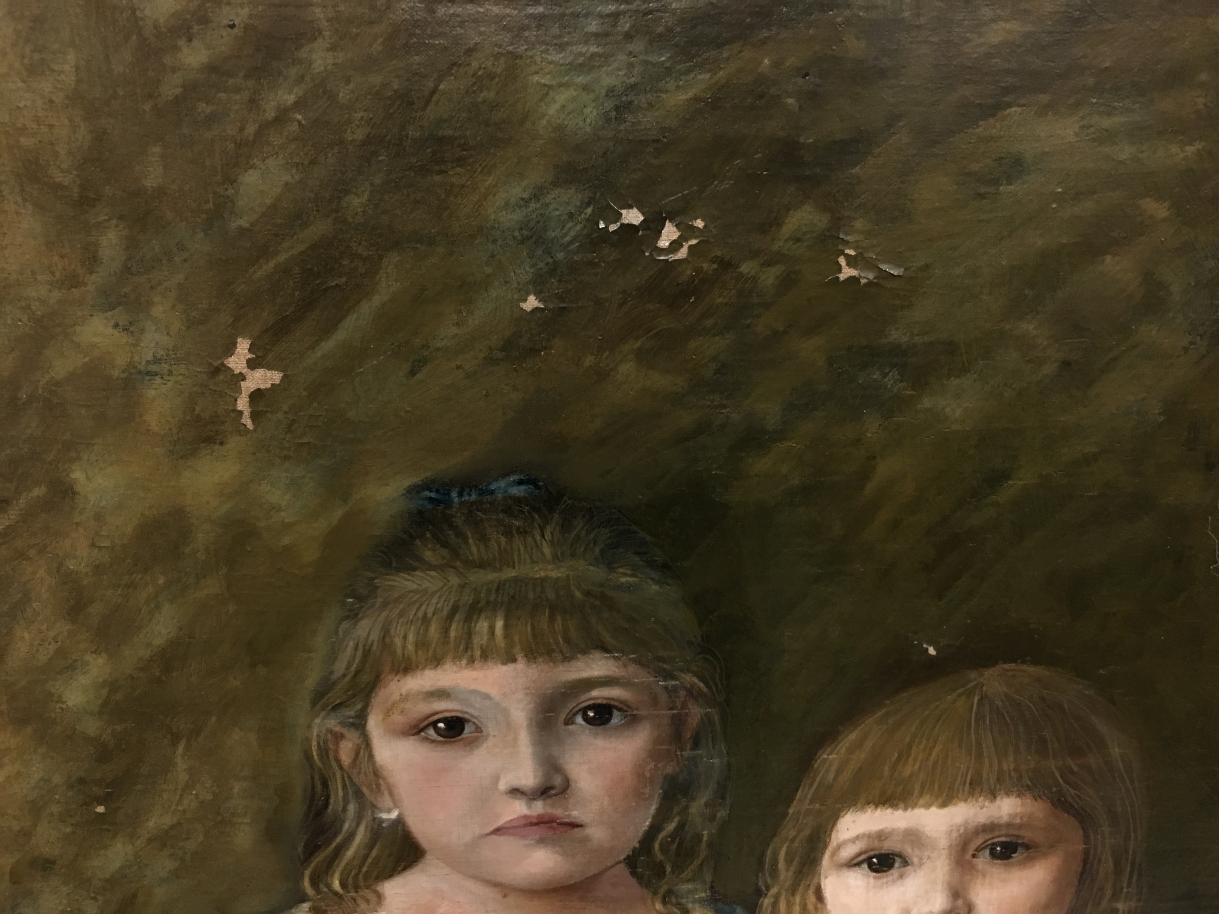 L Jaquelin: A large pine framed 19th century portrait oil on canvas; Two sisters. - Image 2 of 7