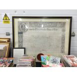 A large framed & glazed George III hand written proclamation and testimony with large red inset red