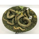A very large Palissy Majolica snake dish decorated with two large snakes, toads,