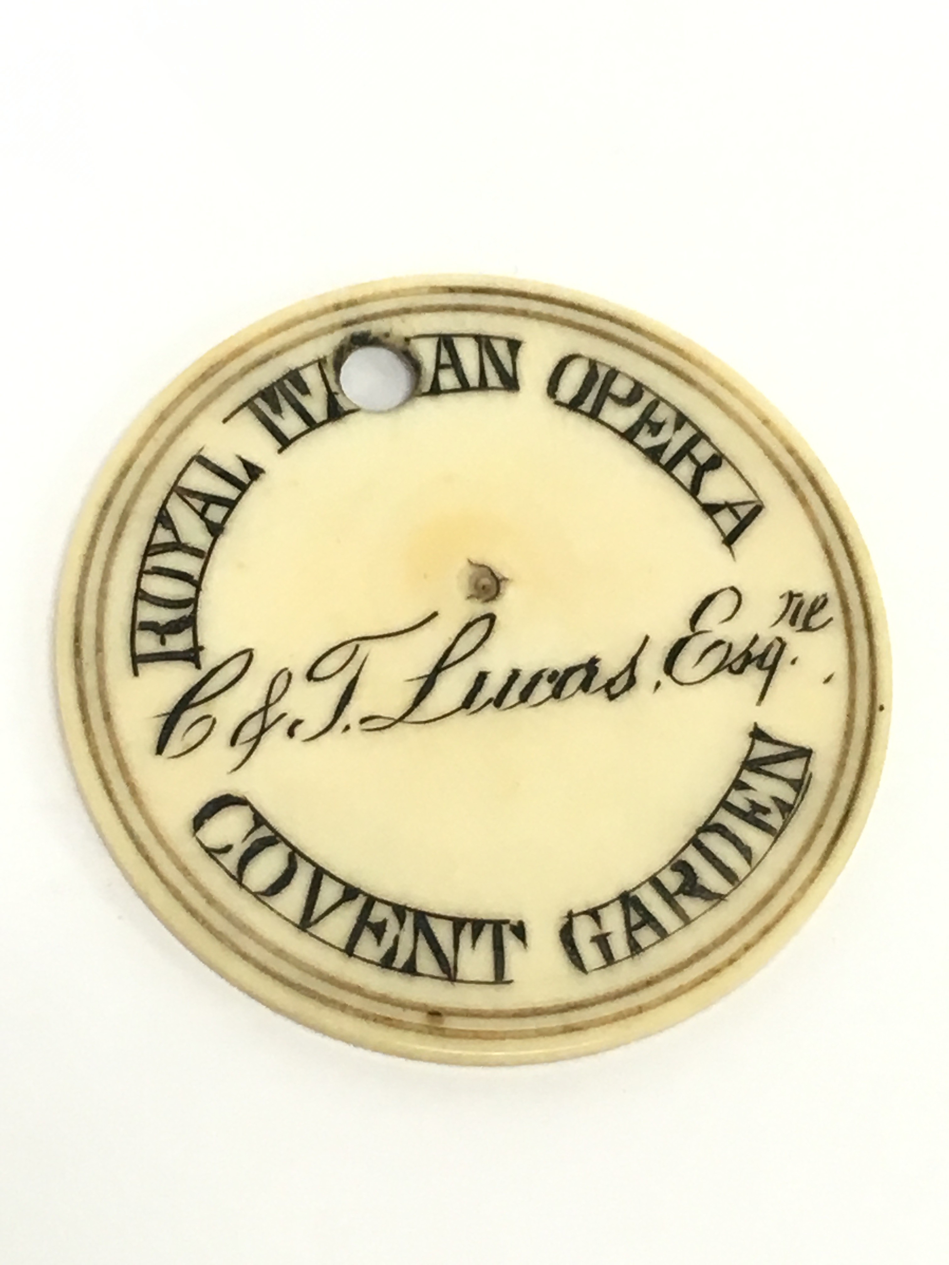 A 19th century ivory Royal Italian opera Covent Garden Members token for Box 80 on a Tuesday and