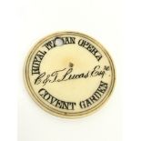A 19th century ivory Royal Italian opera Covent Garden Members token for Box 80 on a Tuesday and